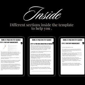 May include: Three screenshots of a digital guide for Etsy sellers, titled "Rank #1 Page on Etsy Search". The guide provides tips on how to write effective shop announcements and product titles to improve search engine optimization (SEO).