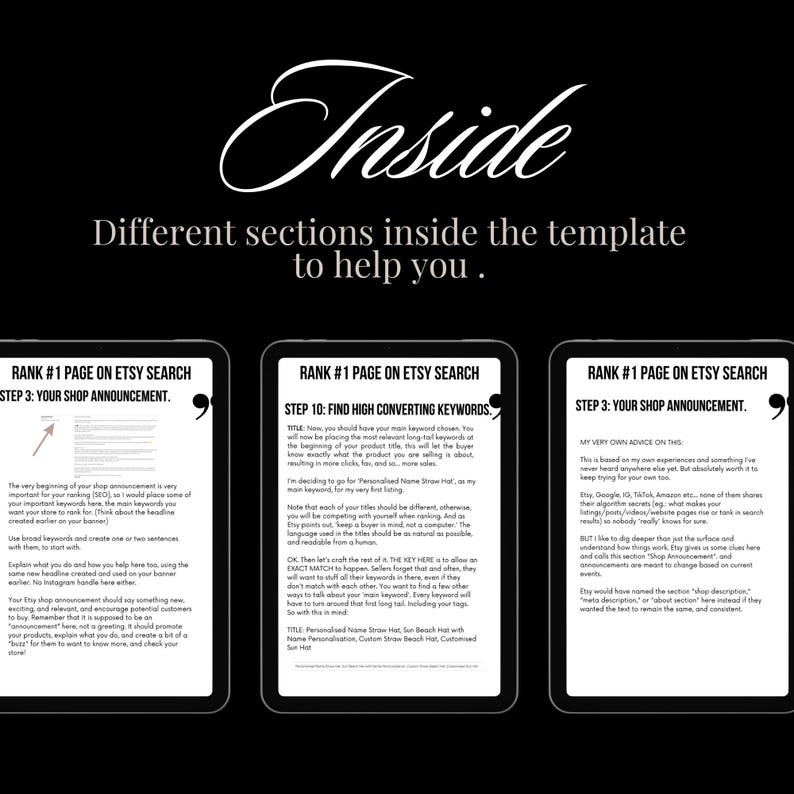 May include: Three screenshots of a digital guide for Etsy sellers, titled "Rank #1 Page on Etsy Search". The guide provides tips on how to write effective shop announcements and product titles to improve search engine optimization (SEO).