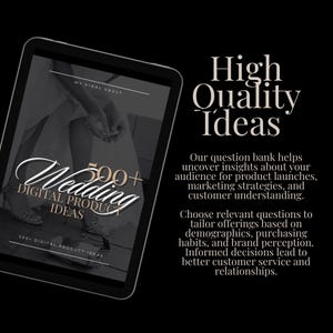 Op de afbeelding: Een digitale tablet toont de tekst "Wedding Digital Product Ideas" met "500+". De tekst "High Quality Ideas" is ook zichtbaar. De afbeelding staat tegen een zwarte achtergrond, wat wijst op een focus op digitale productmarketing.