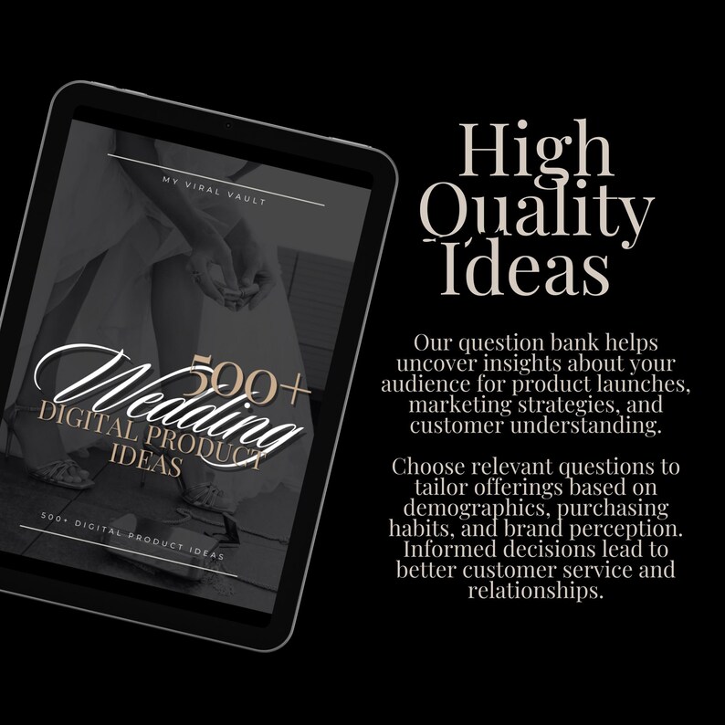 Op de afbeelding: Een digitale tablet toont de tekst "Wedding Digital Product Ideas" met "500+". De tekst "High Quality Ideas" is ook zichtbaar. De afbeelding staat tegen een zwarte achtergrond, wat wijst op een focus op digitale productmarketing.