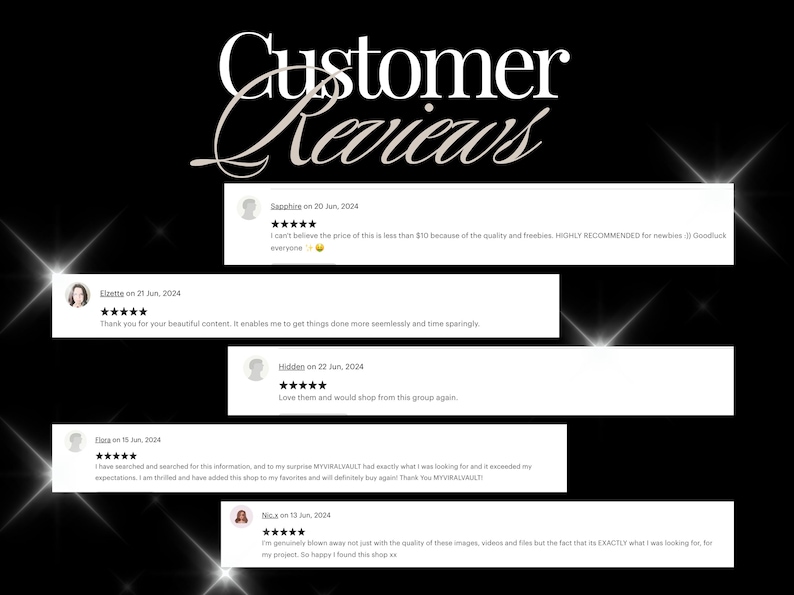 May include: A screenshot of customer reviews for a digital product. The reviews are positive and highlight the quality and value of the product. The reviews include comments like "I can't believe the price of this is less than $10 because of the quality and freebies" and "Love them and would shop from this group again."