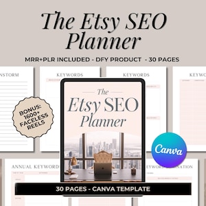 May include: A digital planner template for Etsy sellers, titled "The Etsy SEO Planner". The template is designed to help Etsy sellers improve their search engine optimization (SEO) and includes 30 pages of content. The template is designed to be used with Canva, a popular online design platform. The image shows a mockup of the planner on a laptop screen, with a cityscape view in the background.