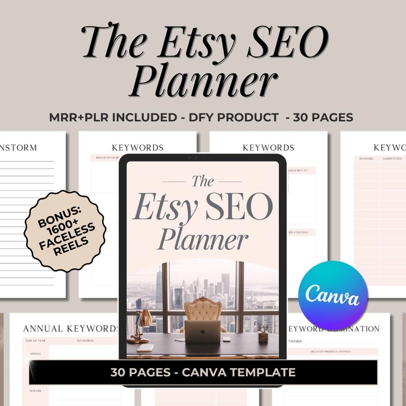 May include: A digital planner template for Etsy sellers, titled "The Etsy SEO Planner". The template is designed to help Etsy sellers improve their search engine optimization (SEO) and includes 30 pages of content. The template is designed to be used with Canva, a popular online design platform. The image shows a mockup of the planner on a laptop screen, with a cityscape view in the background.