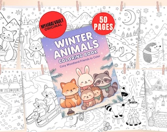 May include: A coloring book titled "Winter Animals Coloring Book" with the text "Cozy Woodland Friends to Color" is displayed. The cover features illustrations of woodland animals. The image also shows 50 pages of coloring pages.