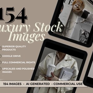 K&ouml;nnte beinhalten: Eine digitale Produktliste f&uuml;r 154 KI-generierte Stockbilder. Die Bilder werden als luxuri&ouml;s und hochwertig beschrieben. Die Liste enth&auml;lt ein H&auml;kchen neben den folgenden Funktionen: Produkte von h&ouml;chster Qualit&auml;t, Google Drive, Volle kommerzielle Rechte, Hochskalierte und polierte Bilder. Die Liste enth&auml;lt auch den Text "154 Bilder - KI-generiert - Kommerzielle Nutzung".