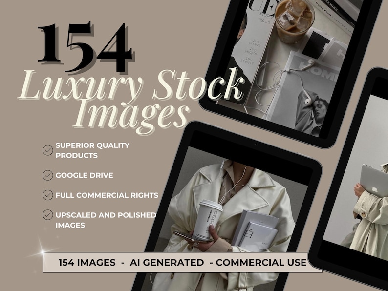 K&ouml;nnte beinhalten: Eine digitale Produktliste f&uuml;r 154 KI-generierte Stockbilder. Die Bilder werden als luxuri&ouml;s und hochwertig beschrieben. Die Liste enth&auml;lt ein H&auml;kchen neben den folgenden Funktionen: Produkte von h&ouml;chster Qualit&auml;t, Google Drive, Volle kommerzielle Rechte, Hochskalierte und polierte Bilder. Die Liste enth&auml;lt auch den Text "154 Bilder - KI-generiert - Kommerzielle Nutzung".