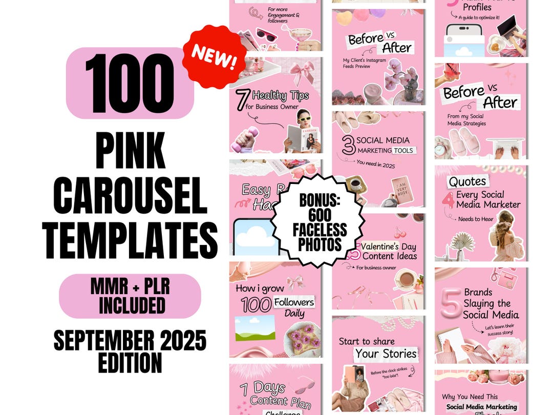 Pink Instagram Carousel Templates: 100 Editable Canva Posts (PLR & MRR ...