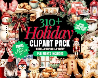 May include: A digital clipart pack with a holiday theme. The image features a variety of festive illustrations, including a snowman, cookies, a red truck, and a gingerbread man. Text includes "310+ Holiday Clipart Pack" and "Resell for 100% Profit".