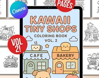 100-Page Tiny Shops Colouring Book, Editable Canva Template, PLR Resell Rights, Kawaii Cute Shops Colouring Pages Bundle VOLUME 2