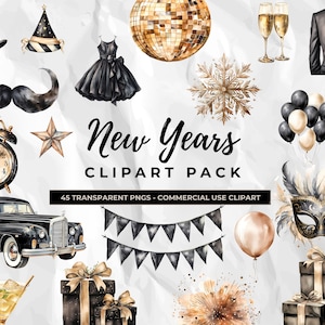 New Year Clipart Bundle | 45 PNG Elements | Commercial Use | NYE Party Clipart