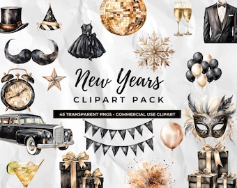 New Year Clipart Bundle | 45 PNG Elements | Commercial Use | NYE Party Clipart