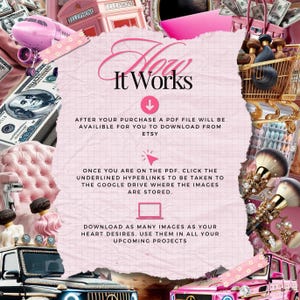 May include: Pink and white graphic with the text "How It Works" and instructions on how to download digital images from Etsy. The graphic features a pink airplane, a pink telephone box, a pink car, and a pink shopping trolley.