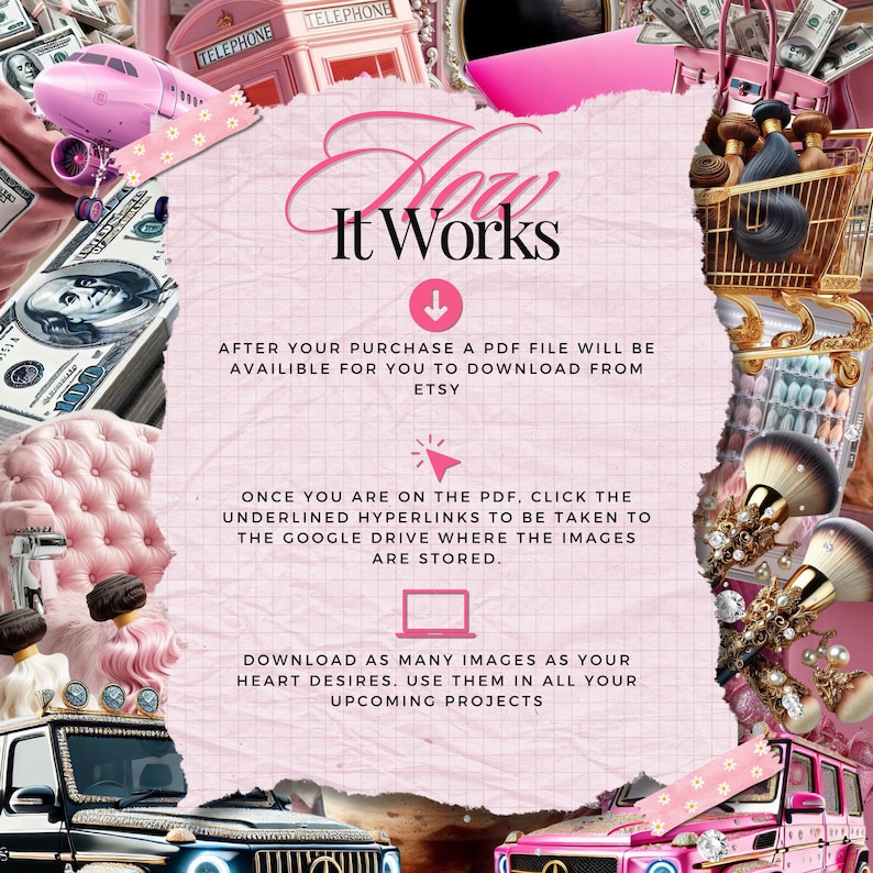 May include: Pink and white graphic with the text "How It Works" and instructions on how to download digital images from Etsy. The graphic features a pink airplane, a pink telephone box, a pink car, and a pink shopping trolley.
