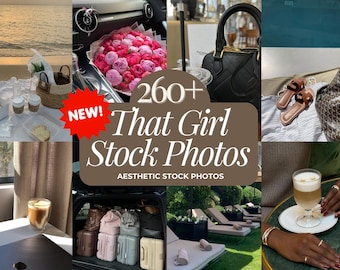 Può includere: Un collage di immagini che mostrano una varietà di foto stock di stile di vita ed estetiche. Il testo "260+ That Girl Stock Photos" è visualizzato al centro dell'immagine. Il testo "Aesthetic Stock Photos" è visualizzato sotto il testo principale.