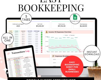 Puede incluir: Una hoja de cálculo de contabilidad digital para pequeñas empresas, que se muestra en un monitor de ordenador y una tableta. La imagen incluye el texto "EASY BOOKKEEPING" y "GOOGLE SHEETS SPREADSHEET". La hoja de cálculo muestra datos de ingresos, gastos y beneficios.