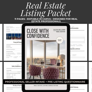 May include: A real estate listing packet with the text "Real Estate Listing Packet" and "Close with Confidence". The packet includes 11 pages and is designed for real estate professionals. The image shows a tablet with a modern office interior.