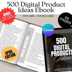 500 ideas de productos digitales: Plantilla Canva MRR PLR (descarga instantánea)