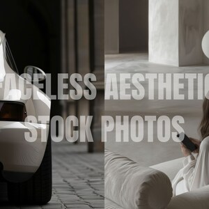 May include: A white sports car parked in a brick driveway, with a minimalist interior design featuring a white couch and a white lamp in the background. The text "FACELESS AESTHETIC STOCK PHOTOS" is superimposed over the image.