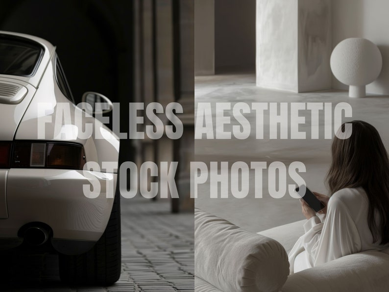 May include: A white sports car parked in a brick driveway, with a minimalist interior design featuring a white couch and a white lamp in the background. The text "FACELESS AESTHETIC STOCK PHOTOS" is superimposed over the image.