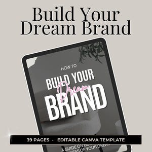 Peut inclure: Une tablette num&eacute;rique affichant un guide sur la fa&ccedil;on de construire sa marque de r&ecirc;ve. Le guide est intitul&eacute; "Comment construire sa marque de r&ecirc;ve" et compte 39 pages. Le guide est un mod&egrave;le Canva &eacute;ditable.