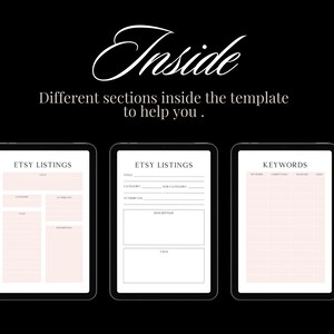 May include: A printable Etsy listing template with sections for title, category, sub-category, attributes, description, tags, and keywords.