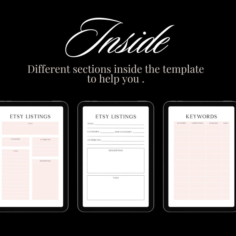 May include: A printable Etsy listing template with sections for title, category, sub-category, attributes, description, tags, and keywords.