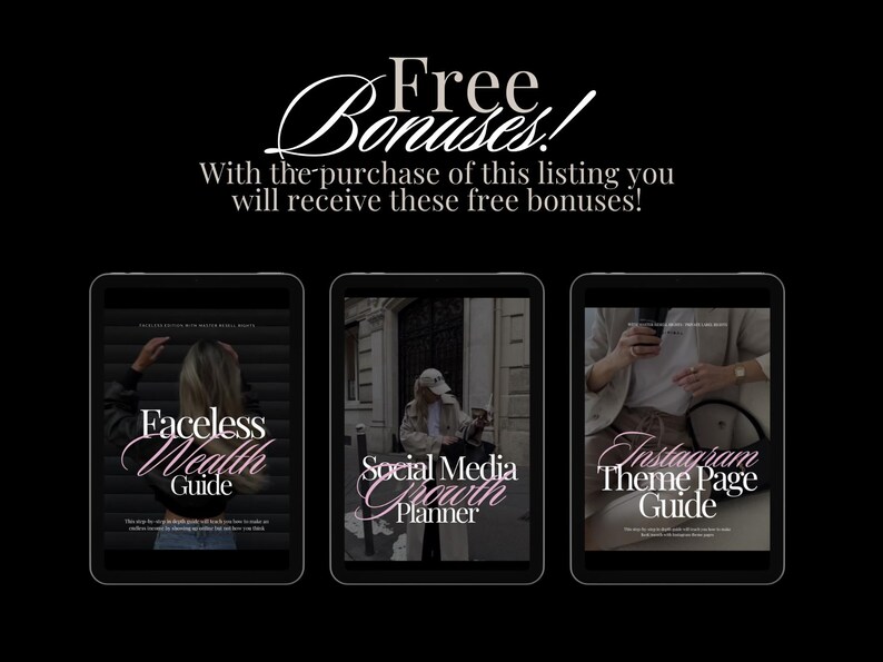 Op de afbeelding: Zwarte achtergrond met witte tekst "Free Bonuses!". Drie digitale tablets tonen gidsen: "Faceless Wealth Guide", "Social Media Growth Planner" en "Instagram Theme Page Guide".