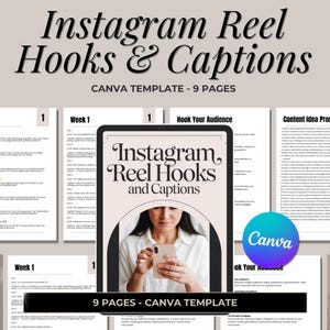 Instagram Reel Hooks & Captions Template: Social Media Content Ideas (Canva, 9 Pages)