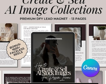 May include: A digital tablet displaying a guide titled "How to Create & Sell AI Stock Images for Passive Income". The guide is a 13-page lead magnet with a bonus of 1600+ faceless reels. The guide is designed for aspiring entrepreneurs and includes MRR & PLR.