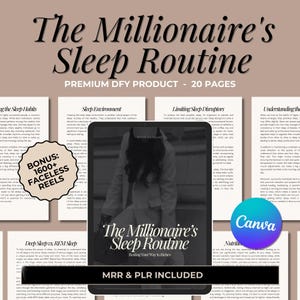 Op de afbeelding: Een digitale productcover voor een 20-pagina's tellende gids met de titel "De slaaproutine van de miljonair: Rust op weg naar rijkdom". De cover toont een vrouw in een zwarte outfit, met een witte achtergrond en zwarte tekst. De gids bevat bonus-faceless reels en is beschikbaar voor wederverkoop en private label rights.