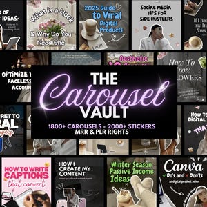 May include: A collage of colorful Instagram story templates with text overlays. The text includes "What is a Hook", "2025 Guide to Viral Digital Products", "Social Media Tips for Side Hustlers", "Optimize Faceless Accounts", "The Carousel Vault", "1800+ Carousels - 2000+ Stickers", "MRR & PLR Rights", "How to Write Captions that Convert", "How I Create My Content", "Winter Season Passive Income Ideas", "Canva Do's and Don'ts as Digital Product Seller".