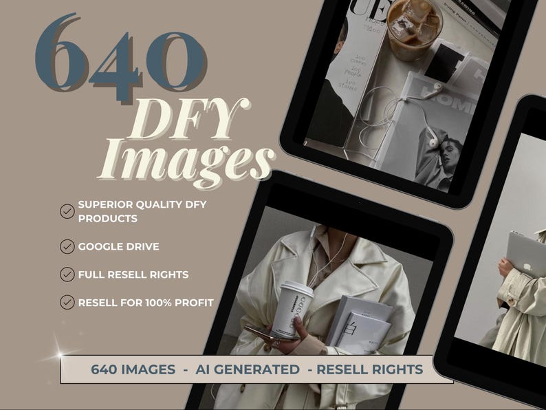 May include: A digital marketing product mockup featuring 640 AI-generated images for use in social media or online marketing. The images are available for download on Google Drive and include full resell rights.