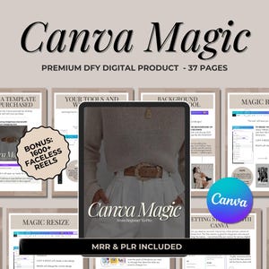Pode incluir: Uma capa de produto digital com uma mulher vestindo uma camisa branca e um cinto marrom. A capa é para um curso de Canva Magic, que é um produto digital de 37 páginas que ensina os usuários como usar o Canva. A capa também inclui o texto "MRR & PLR INCLUDED".