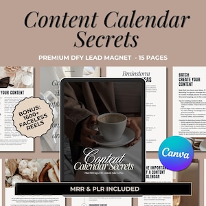 Puede incluir: Una guía de marketing digital titulada "Content Calendar Secrets: Plan 90 Days of Content Like a Pro" con un bono de más de 1600 carretes sin rostro. La guía se muestra en una tableta con una taza de café en primer plano. La guía incluye información sobre la lluvia de ideas de contenido, la creación de contenido por lotes y la importancia de un calendario de contenido.