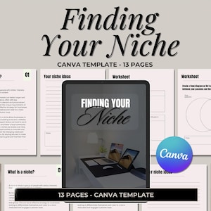 May include: A Canva template titled "Finding Your Niche" with 13 pages. The template includes worksheets to help you identify your niche, including a Venn diagram to compare your passions and skills.