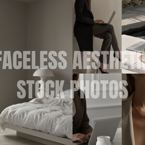 May include: A collage of images featuring a white bed with a white duvet, a white lamp, a woman sitting on a chair with a laptop, a laptop on a table with a straw hat, and a close-up of a woman's neck with a gold chain necklace.