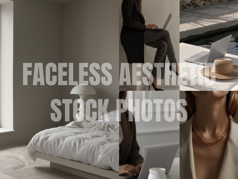 May include: A collage of images featuring a white bed with a white duvet, a white lamp, a woman sitting on a chair with a laptop, a laptop on a table with a straw hat, and a close-up of a woman's neck with a gold chain necklace.