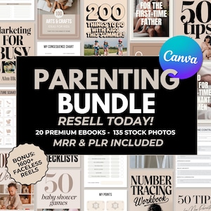 Può includere: Un collage di immagini che promuovono un pacchetto di risorse per genitori con 20 ebook premium e 135 foto stock. Il testo "Parenting Bundle" è in grandi caratteri grassetto. Il testo "Resell Today!" è in caratteri più piccoli. Il testo "20 Premium Ebooks - 135 Stock Photos" è in caratteri ancora più piccoli. Il testo "MRR & PLR Included" è in caratteri più piccoli. Le immagini includono una varietà di argomenti relativi alla genitorialità, come arti e mestieri, tabelle di conseguenze, cose da fare con i bambini e giochi per baby shower.