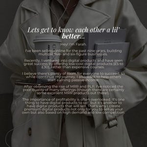 May include: A woman in a white coat holds a stack of papers and a coffee cup. The text on the papers reads "Lets get to know each other a lil' better... Hey! I'm Farah." The text continues with information about selling online and digital products.