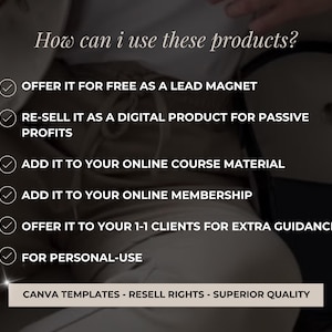May include: A checklist of ways to use digital products, including offering them as a lead magnet, reselling them, adding them to online courses, and using them for personal use. The text "CANVA TEMPLATES - RESELL RIGHTS - SUPERIOR QUALITY" is at the bottom of the image.