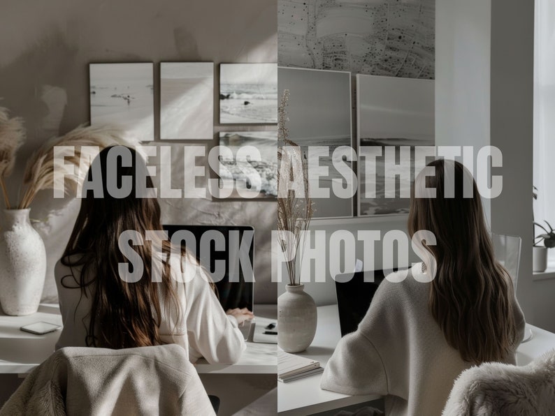 May include: Two people sit at a desk with laptops, working. The room is decorated in a minimalist style with white walls and framed prints of seascapes. The desk is made of wood and has a white surface.