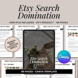 May include: A digital product guide titled "Etsy Search Domination" with a Canva logo and the text "68 Pages - Canva Template". The guide includes tips and strategies for ranking higher in Etsy search results.