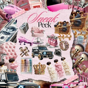May include: A collage of images featuring luxury items, including a pink aeroplane, a black SUV, a gold crown, a pink and white wig, a pink and gold vanity chair, a gold shopping trolley filled with hair extensions, and a stack of &pound;100 notes. The text "Sneak Peek" is written in bold, white letters on a pink background.