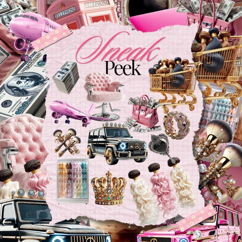 May include: A collage of images featuring luxury items, including a pink aeroplane, a black SUV, a gold crown, a pink and white wig, a pink and gold vanity chair, a gold shopping trolley filled with hair extensions, and a stack of &pound;100 notes. The text "Sneak Peek" is written in bold, white letters on a pink background.