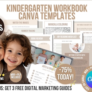May include: A digital product listing for 397 printable kindergarten workbook Canva templates. The image features a collage of colorful pages with various activities, including matching images, number tracing, mandala coloring, book reviews, reading wish lists, arts and crafts ideas, and getting started with homeschooling. The text "MRR + PLR Included" and "Canva" are also visible.