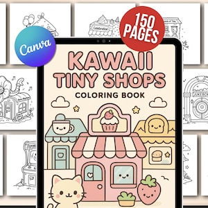 Puede incluir: Un libro para colorear Kawaii Tiny Shops con 150 páginas. La portada presenta una tienda rosa con un letrero de cupcake, un gato y una fresa. Las páginas circundantes muestran dibujos lineales de tiendas, incluyendo una gramola y una panadería.