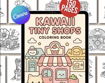 150-Page Tiny Shops Colouring Book, Editable Canva Template, PLR Resell Rights, Kawaii Cute Shops Colouring Pages Bundle