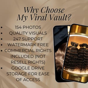 K&ouml;nnte beinhalten: Ein digitales Bild auf einem Smartphone-Bildschirm zeigt verschiedene Haarverl&auml;ngerungen. Der Text auf dem Bildschirm lautet "Warum My Viral Vault w&auml;hlen?" und listet die Vorteile des Kaufs von Haarverl&auml;ngerungen auf, darunter 154 Fotos, hochwertige Bilder, 24/7-Support, keine Wasserzeichen, kommerzielle Rechte inklusive (keine Weiterverkaufsrechte) und Google Drive-Speicher f&uuml;r einfachen Zugriff.