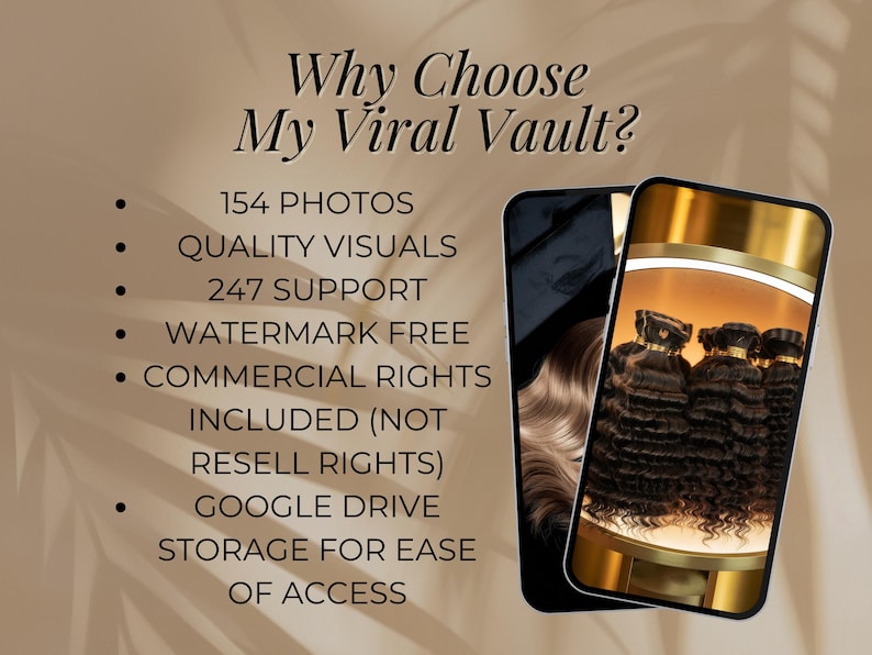 K&ouml;nnte beinhalten: Ein digitales Bild auf einem Smartphone-Bildschirm zeigt verschiedene Haarverl&auml;ngerungen. Der Text auf dem Bildschirm lautet "Warum My Viral Vault w&auml;hlen?" und listet die Vorteile des Kaufs von Haarverl&auml;ngerungen auf, darunter 154 Fotos, hochwertige Bilder, 24/7-Support, keine Wasserzeichen, kommerzielle Rechte inklusive (keine Weiterverkaufsrechte) und Google Drive-Speicher f&uuml;r einfachen Zugriff.