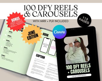 Może przedstawiać: Otwarta książka i tablet wyświetlają tekst "100 DFY REELS & CAROUSELS" ze słowami "BONUS" i "JUNE EDITION" na naklejkach w kształcie gwiazd. Tablet pokazuje kobietę trzymającą filiżankę. Książka ma 113 stron.